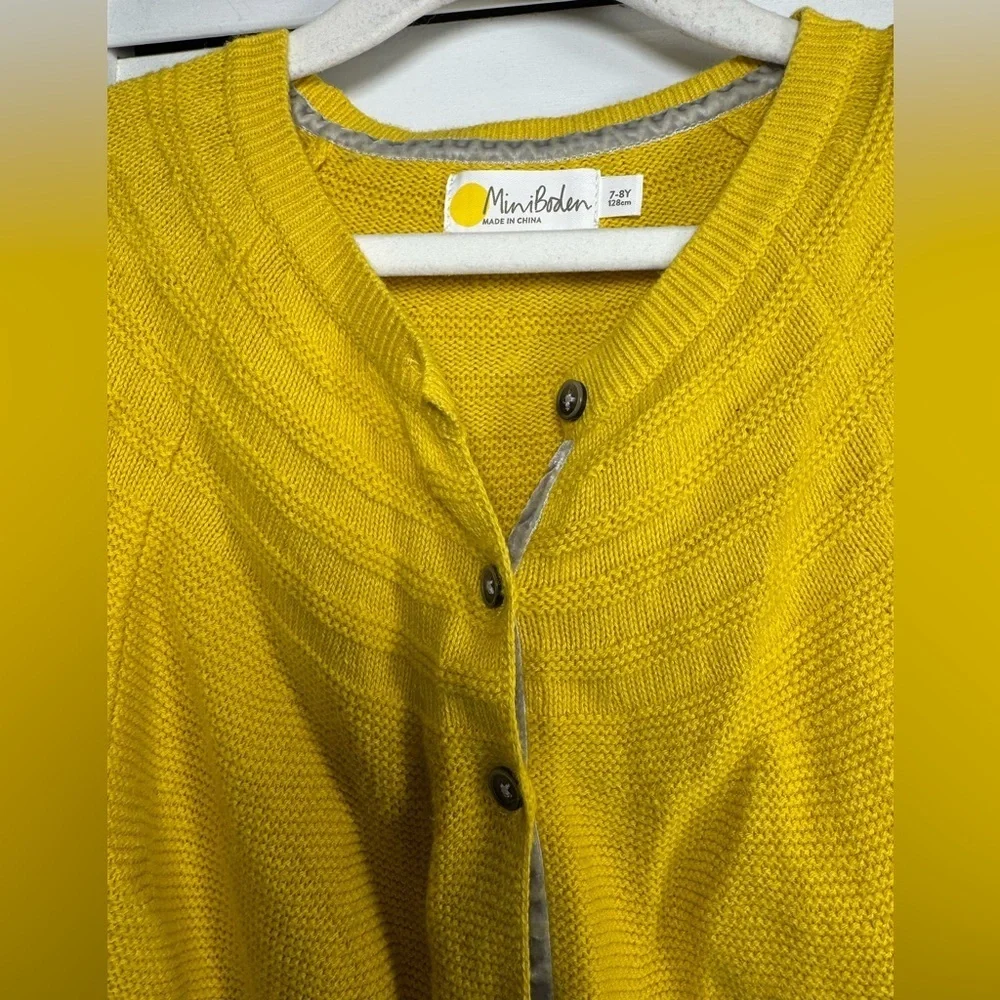 Mini Boden Girls Yellow Cashmere Blend Sweater with Gray Velvet Trim Size 7-8yr